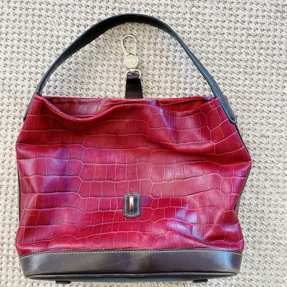 Dooney & Bourke Red Croc-Embossed Leather Hobo with Brown Trim